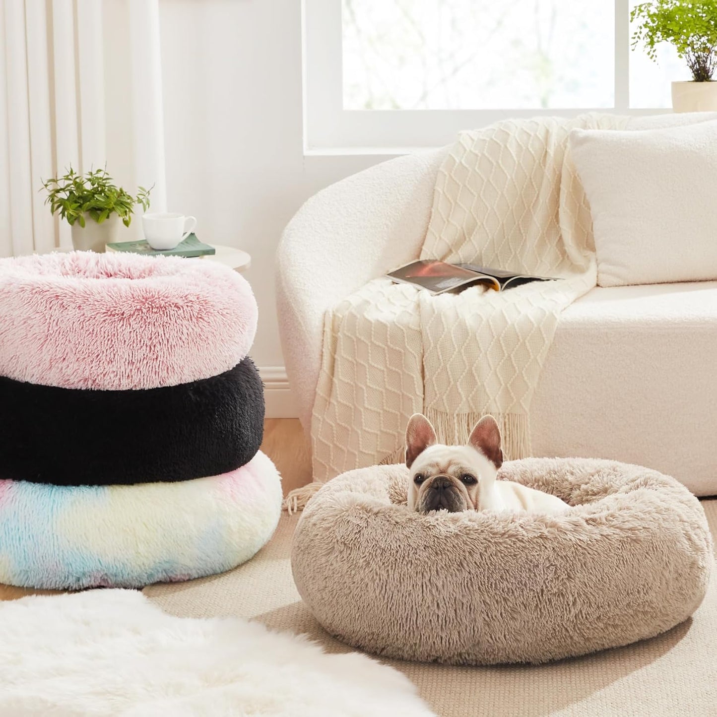 Fluffy Donut Dog Bed Warm Soft Long Plush Pet Cushion Dog House Cat Bed Washable Pet Sofa Mat Calming Samll Large Dog Beds