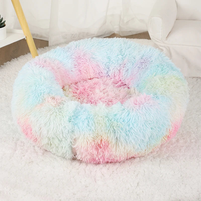 Fluffy Donut Dog Bed Warm Soft Long Plush Pet Cushion Dog House Cat Bed Washable Pet Sofa Mat Calming Samll Large Dog Beds