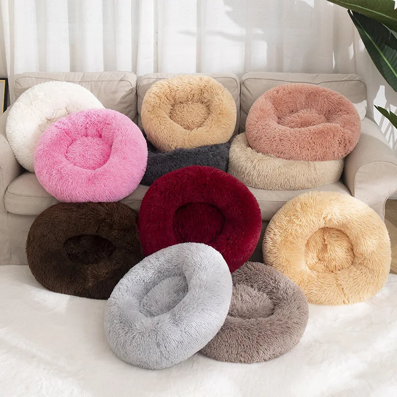 Fluffy Donut Dog Bed  Warm Soft Long Plush Pet Cushion Dog House Cat  Bed Washable Pet Sofa Mat Calming Samll Large Dog Beds