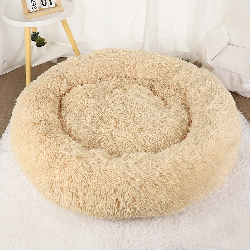 Fluffy Donut Dog Bed  Warm Soft Long Plush Pet Cushion Dog House Cat  Bed Washable Pet Sofa Mat Calming Samll Large Dog Beds